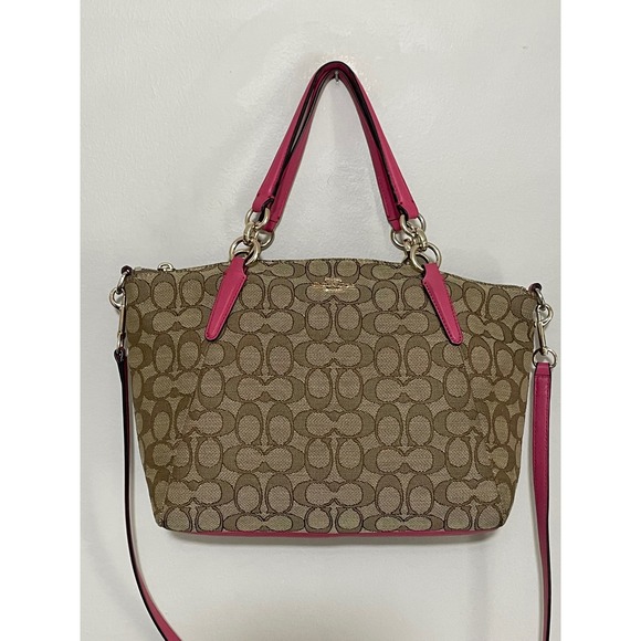 Coach Handbags - Coach Kelsey Signature Logo Canvas Leather F36625 Large Satchel Pink Khaki